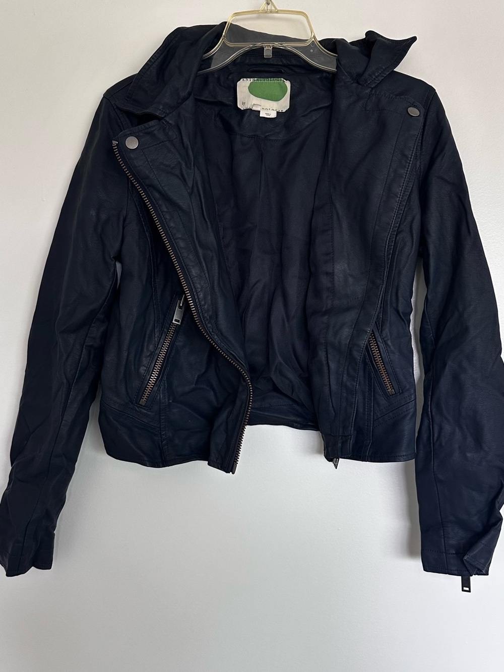 Women's Navy Blue Faux Leather Asymmetrical Zip Jacket